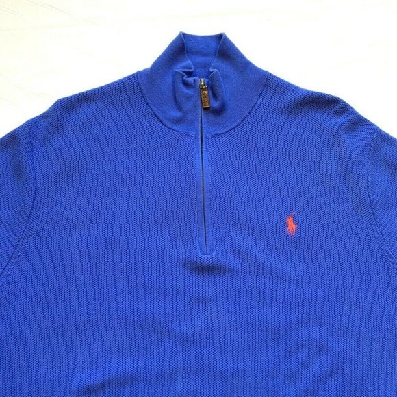 Polo Ralph Lauren Pima Cotton Sweater Pullover Waffle Knit 1/4 Zip Blue XL EUC - Picture 3 of 12